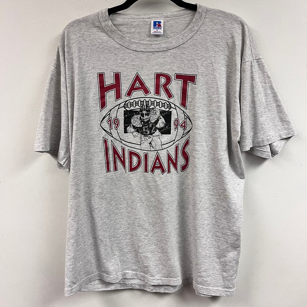 Vintage men's 1994 Hart Indians Football Team Tee shirt grey red black XL